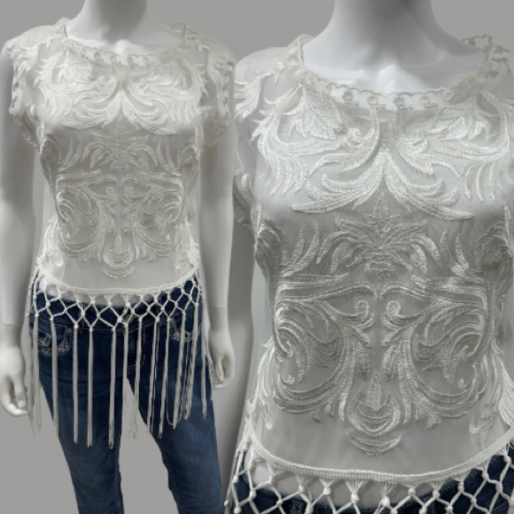 Bebe Sheer Mesh White Embroidered Lace Fringe Western Boho Chic Top